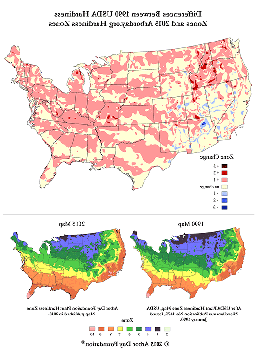 Differences between 1990 USDA hardiness zones and 2015 99diy.net hardiness zones